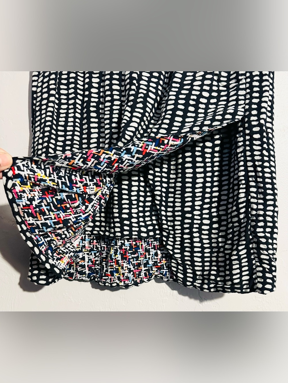 CAbi Black White Polka Dot  Reversible Faux Wrap Mini Skirt with Multicolor Trim